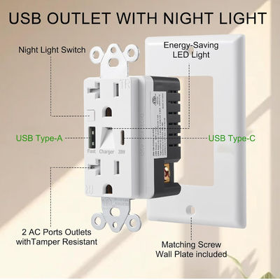 20A 125V USB Type C Wall Outlet Night Light Power Delivery Fast Charger